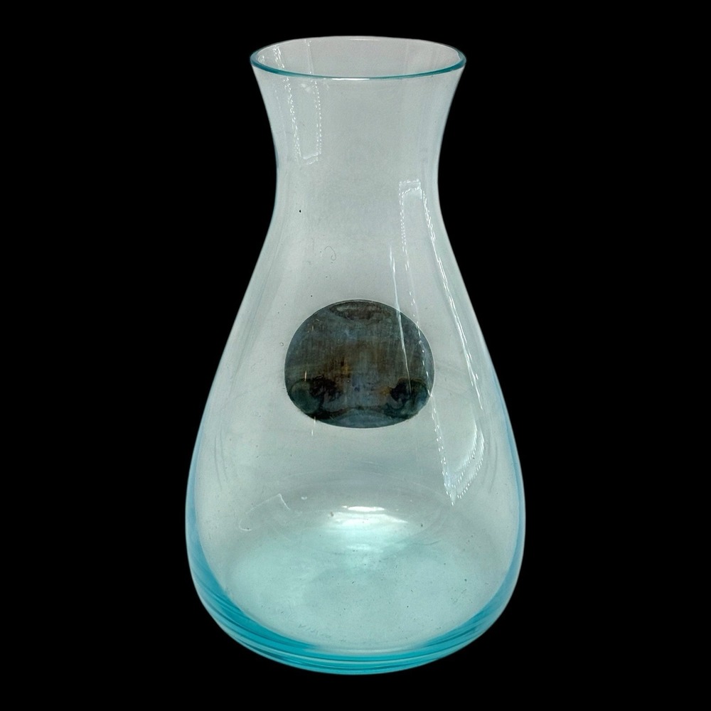 Artisan Handblown Aqua Glass Vase w/ Pewter Sunburst Medallion Signed "A 14/30" - Picture 5 of 10